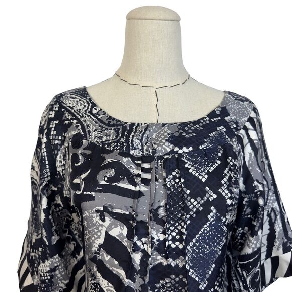 YASB‎ Multicolor Abstract 100% Silk 3/4 Sleeve Tie Back Blouse Top Size Small - Picture 2 of 8